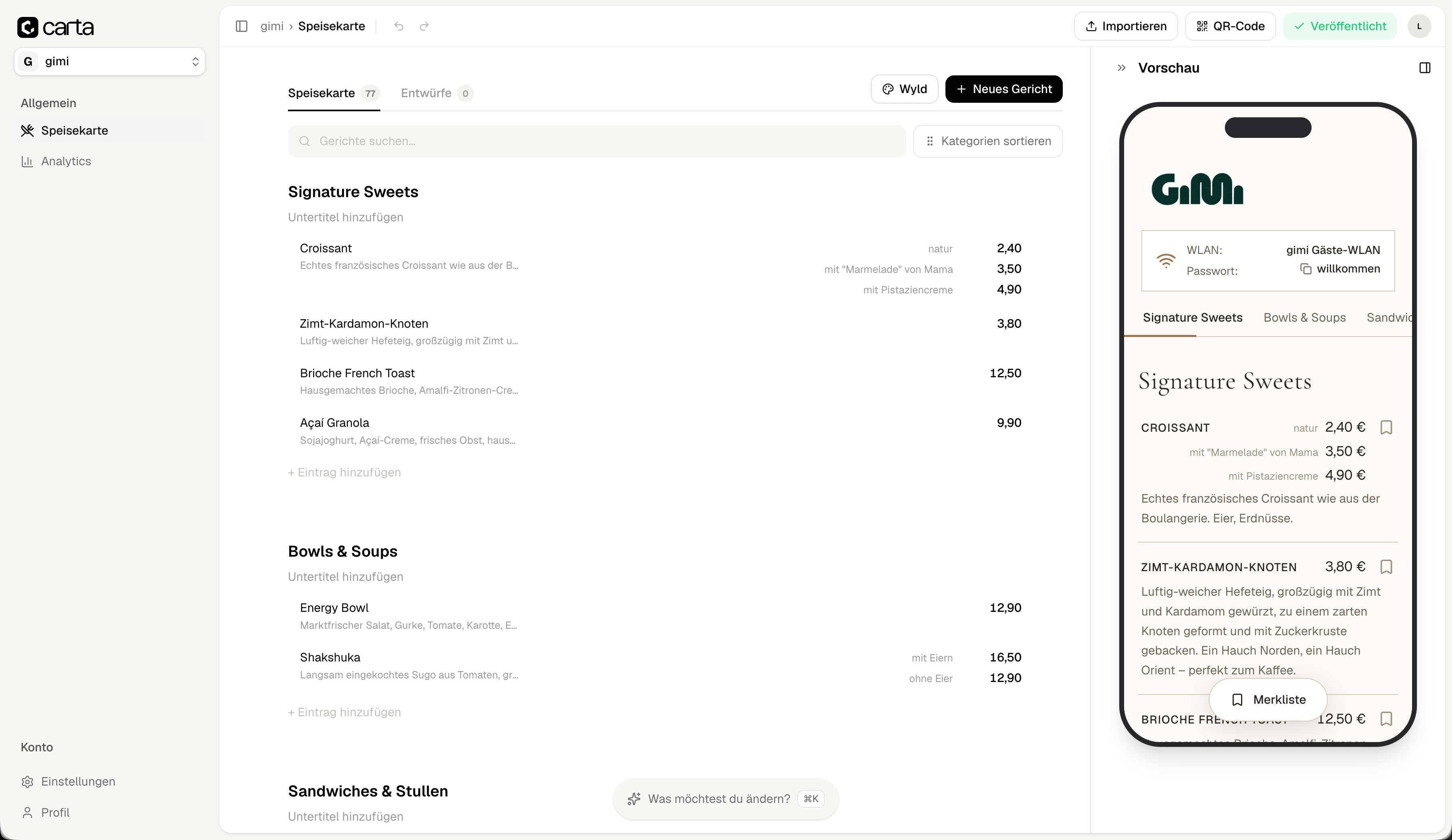 Carta Editor — Speisekarte bearbeiten mit Live-Vorschau